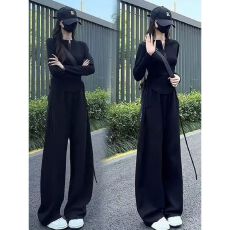 批发高级感时尚休闲运动套装女春秋修身收腰显瘦卫衣阔腿裤跑步两件套