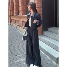 批发盐系高级感时尚<b class='q'>运动</b>套装女秋季韩系显瘦短款外套阔腿裤休闲两件套