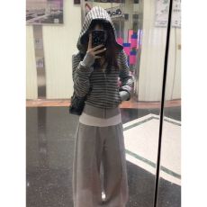 批发韩系春秋穿搭连帽条纹卫衣休闲卫裤套装女松弛慵懒风氛围感两件套