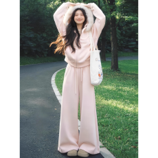 批发少女粉色<b class='q'>运动</b>服套装女春秋学生宽松时尚连帽卫衣阔腿裤休闲两件套