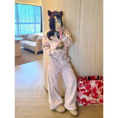 批发韩系慵懒风粉色开衫卫衣运动套装秋<b class='q'>冬</b>少女加绒保暖休闲卫裤两件套