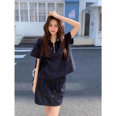 批发韩系减龄休闲运动服套装女夏季新款时尚拉链POLO衫短袖短裙两件套