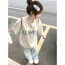 批发学院风减龄休闲运动服套装女夏季宽松百搭短袖阔腿长裤学生两件套