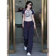 批发欧货运动服套装女夏季时尚炸街显瘦短袖工装阔腿裤休闲两件套跑步
