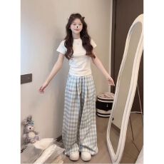 批发韩系辣妹休闲运动服<b class='q'>套装</b>女夏季纯棉修身正肩短袖<b class='q'>格子</b>阔腿裤两件套