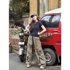 批发美式街头风复古<b class='q'>修身</b>显瘦薄款短袖T恤女宽松多口袋机车工装裤套装