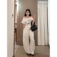 批发韩系别致休闲<b class='q'>运动服</b>套装女夏季<b class='q'>百搭</b>修身斜肩扭结短袖阔腿裤两件套