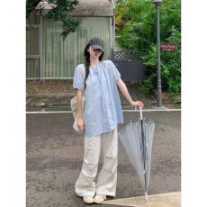 批发小清新减龄休闲<b class='q'>运动服</b>套装女夏季波点短袖娃娃<b class='q'>衬衫</b>工装长裤两件套