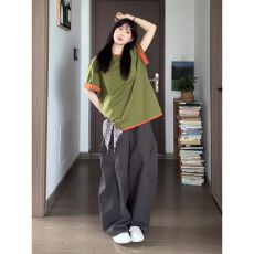 批发美式复古休闲<b class='q'>运动服</b>套装女夏季设计感<b class='q'>百搭</b>撞色拼接短袖长裤两件套