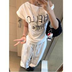 批发韩系别致休闲<b class='q'>运动服</b>套装女夏季<b class='q'>百搭</b>修身斜肩扭结短袖阔腿裤两件套