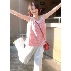 批发夏日穿搭休闲<b class='q'>运动服</b>套装女夏季假两件格子吊带背心长裤甜美两件套