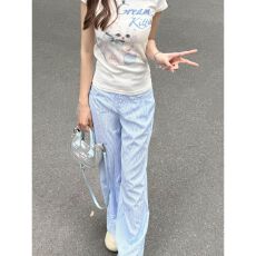 批发韩系少女风卡通猫咪印花T恤条纹休闲裤女<b class='q'>夏</b>季甜辣妹显瘦套装穿搭
