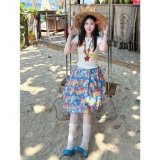 批发白色短袖印花t恤花朵半身裙两件套女夏季活力多巴胺油画风套装裙