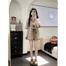 批发日系学院风甜美格纹衬衫休闲运动服套装女夏季宽松短袖短裤两件套