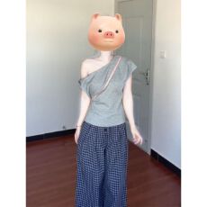 批发韩系斜肩休闲<b class='q'>运动服</b>套装女夏季<b class='q'>时尚</b>修身一字肩短袖格子长裤两件套