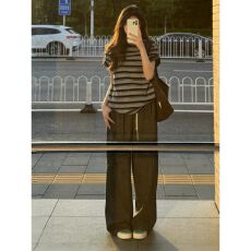 批发韩系慵懒风休闲运动套装女夏季宽松撞色条纹短袖<b class='q'>T</b><b class='q'>恤</b>阔腿裤两件套