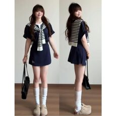 批发韩系学院风休闲运动服套装女夏季时尚减龄宽松显瘦短袖短裙两件套