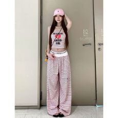 批发夏季减龄一整套穿搭又酷又飒大方得体别致独特绝美漂亮条纹套装裤