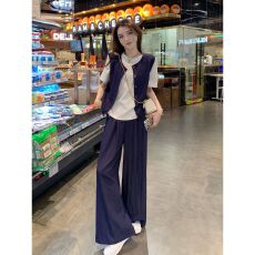 批发高级感复古<b class='q'>牛仔</b><b class='q'>马甲</b>短袖T恤阔腿裤三件套女夏季大码时尚显瘦套装