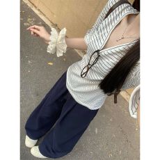 批发法式设计感运动套装女夏季宽松时尚条纹<b class='q'>七分袖</b><b class='q'>T</b><b class='q'>恤</b>长裤休闲两件套