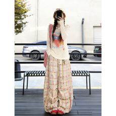 批发多巴胺绝美休闲运动套装女夏季防晒T恤<b class='q'>糖果</b><b class='q'>色</b>格纹阔腿裤两件套潮