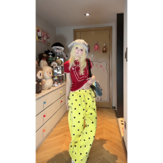 批发初夏绝美短袖运动服套<b class='q'>装</b>女甜美小清新上衣波点长<b class='q'>裤</b>休闲ootd两件套