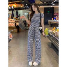 批发时尚休闲套<b class='q'>装</b>女夏季新款圆领条纹短袖高腰阔腿裤子修身显瘦两件套