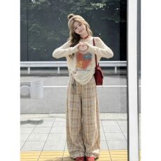 批发美式复古休闲运动<b class='q'>套装</b>女夏季薄款露肩防晒衫上衣格纹阔腿裤两件套