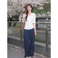 批发夏季时尚宽松休闲运动<b class='q'>套装</b>女设计感条纹七分袖T恤长裤法式两件套