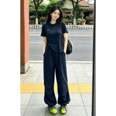 批发夏季新款日系少年感短袖运动装套装女上衣阔腿裤休闲服宽松两件套