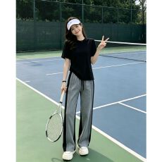 批发慵懒风运动服套<b class='q'>装</b>女夏季<b class='q'>宽松</b>显瘦纯棉短袖T恤拼接长<b class='q'>裤</b>休闲两件套