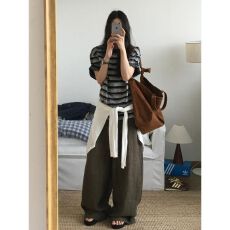 批发美式复古休闲运动套<b class='q'>装</b>女夏季新款松弛感<b class='q'>宽松</b>条纹短袖阔腿<b class='q'>裤</b><b class='q'>两件套</b>