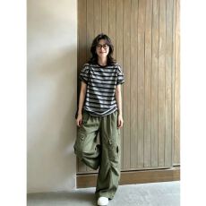 批发日系松弛感运动服套<b class='q'>装</b>女夏季<b class='q'>宽松</b>慵懒风复古条纹短袖工<b class='q'>装</b><b class='q'>裤</b>两件套