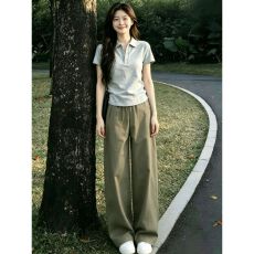 批发美式复古<b class='q'>运动</b>套装女夏季宽松<b class='q'>韩版</b>时尚polo领短袖阔腿裤休闲两件套
