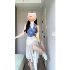 批发法式度假风蓝色挂脖背心<b class='q'>吊带</b>网纱拼接不规则包臀拖尾长裙出游<b class='q'>穿</b>搭
