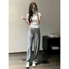 批发女神范气质韩系穿搭休闲<b class='q'>运动</b>套装女夏减龄短袖高腰阔腿裤两件套潮