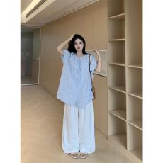批发韩系休闲<b class='q'>运动服</b>套装女夏季小清新波点宽松泡泡袖短袖阔腿裤两件套