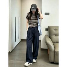 批发欧货夏季新款穿搭高端复古撞色<b class='q'>条纹</b>打底T恤减龄炸街阔腿裤两件套
