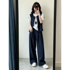 批发韩版简约风软糯<b class='q'>大码</b>套<b class='q'>装</b>女夏季轻奢宽通勤T恤薄马甲阔腿<b class='q'>裤</b><b class='q'>三件套</b>