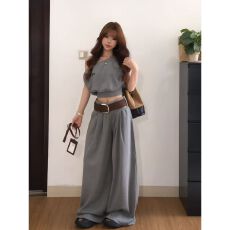 批发慵懒风穿搭一整套运动套<b class='q'>装</b><b class='q'>女</b>韩系高级感斜肩短袖阔腿裤休闲<b class='q'>两件套</b>