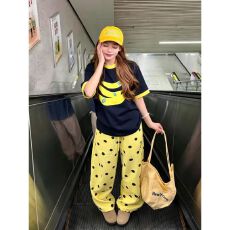 批发休闲<b class='q'>运动服</b>套装女夏季宽松香蕉印花撞色<b class='q'>短袖</b>T恤波点阔腿裤两件套