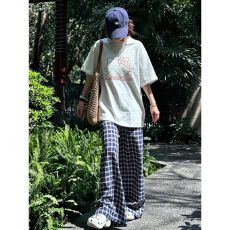 批发美式穿搭休闲<b class='q'>运动服</b>套装女夏季卡通<b class='q'>短袖</b>T恤高腰格子阔腿裤两件套