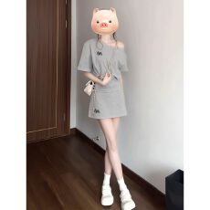 批发<b class='q'>气质</b>斜肩短袖套装女夏季学生宽松显瘦韩版时尚短裙休闲<b class='q'>运动</b>两件套