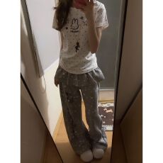 批发韩系甜妹休闲运动套装<b class='q'>女</b>夏季波点短袖T恤阔腿长裤可爱减龄两件套