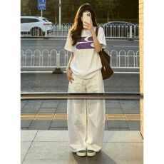 批发韩系减龄学院风运动套装<b class='q'>女</b>夏季韩版宽松短袖T恤阔腿裤休闲<b class='q'>两件套</b>