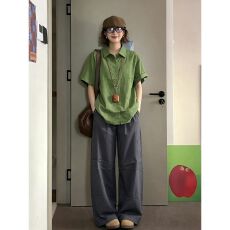 批发日系复古休闲<b class='q'>运动服</b>套装女夏季宽松慵懒绿色短袖<b class='q'>衬衫</b>阔腿裤两件套