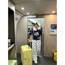 批发韩系甜美休闲运动套装女<b class='q'>夏</b>季新款小狗藏青色T恤短袖阔腿裤两件套