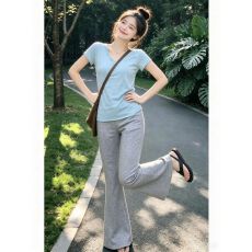 批发韩系超火减龄休闲运动服套装女<b class='q'>夏</b>季纯棉V领短袖显瘦微喇裤两件套