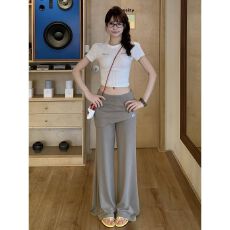 批发今年流行穿搭韩系夏季设计感波点短袖T恤女修身高腰微喇裤两件套