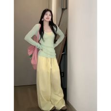 批发韩系慵懒风休闲运动套装女夏季多巴胺挂脖吊带防晒罩衫长裤三件套
